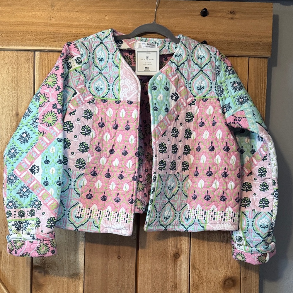 Patterned Quilted Crop Jacket - Pink & Mint